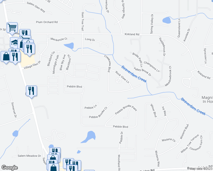 map of restaurants, bars, coffee shops, grocery stores, and more near 410 Creekview Boulevard in Covington