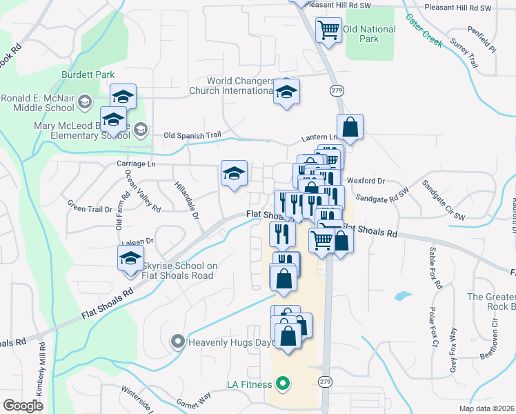 map of restaurants, bars, coffee shops, grocery stores, and more near 2535 Flat Shoals Road in Atlanta