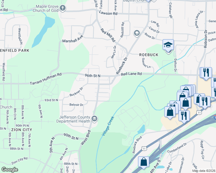 map of restaurants, bars, coffee shops, grocery stores, and more near 101 95th Street North in Birmingham