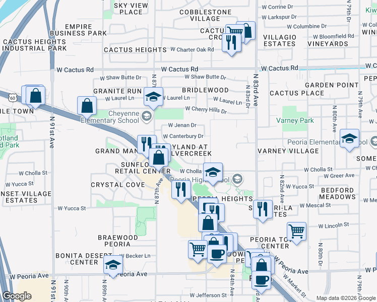 map of restaurants, bars, coffee shops, grocery stores, and more near 8611 West Sierra Street in Peoria