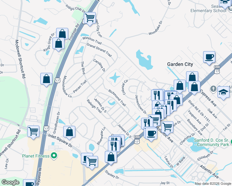 map of restaurants, bars, coffee shops, grocery stores, and more near 118 Colonial Circle in Murrells Inlet