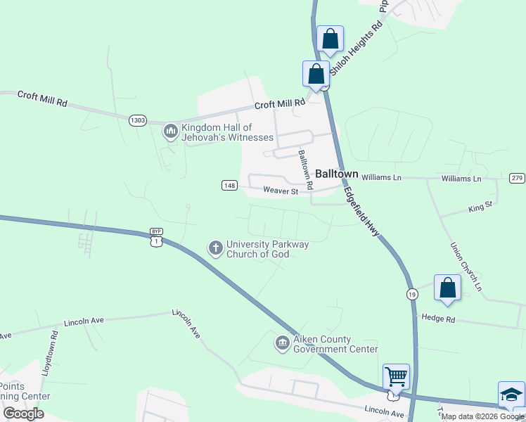 map of restaurants, bars, coffee shops, grocery stores, and more near 161 Weaver Street in Aiken