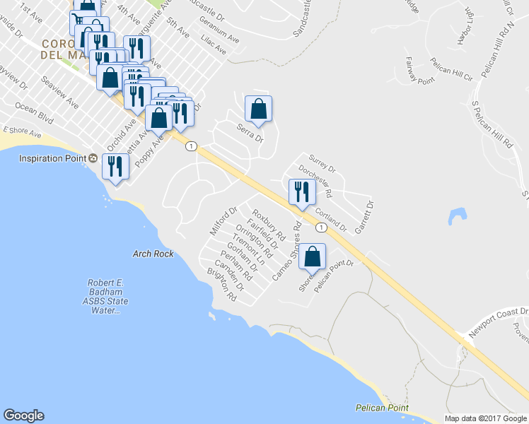 map of restaurants, bars, coffee shops, grocery stores, and more near 4524 Roxbury Road in Newport Beach