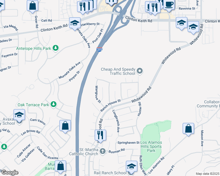 map of restaurants, bars, coffee shops, grocery stores, and more near 36623 Ponderosa Court in Murrieta