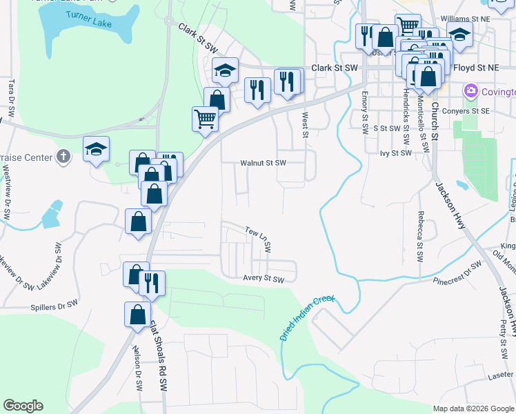map of restaurants, bars, coffee shops, grocery stores, and more near 5175 Lackey Street Southwest in Covington