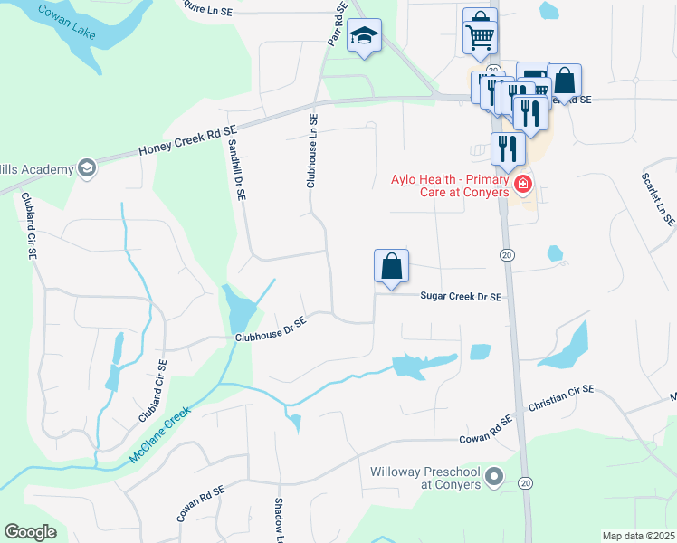 map of restaurants, bars, coffee shops, grocery stores, and more near 3750 Clubhouse Lane Southeast in Conyers