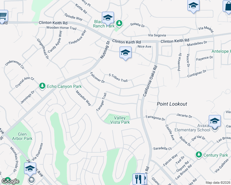 map of restaurants, bars, coffee shops, grocery stores, and more near 24026 Crowned Partridge Lane in Murrieta