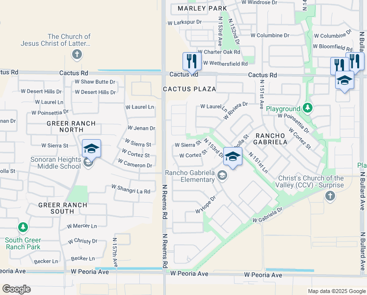 map of restaurants, bars, coffee shops, grocery stores, and more near 15457 West Sierra Street in Surprise