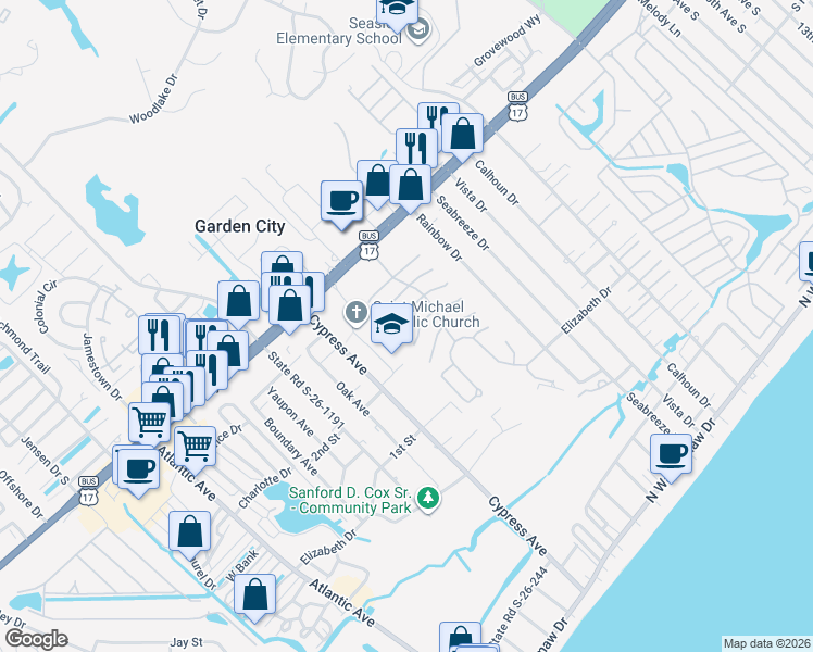 map of restaurants, bars, coffee shops, grocery stores, and more near 821 Mast Court in Murrells Inlet