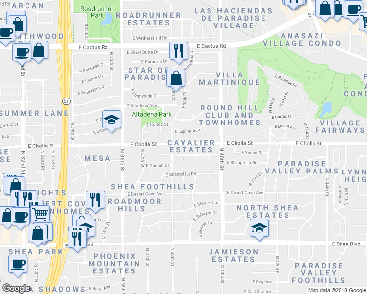 map of restaurants, bars, coffee shops, grocery stores, and more near 3825 East Cholla Street in Phoenix