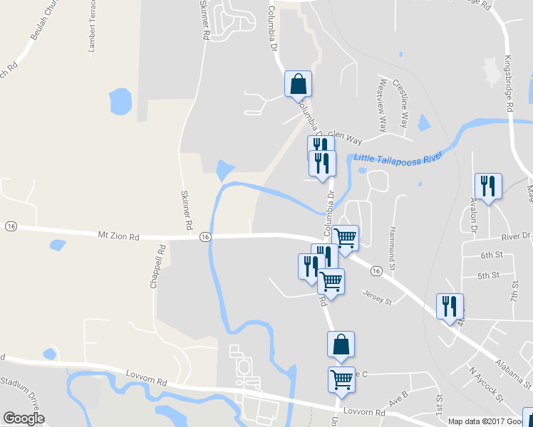 map of restaurants, bars, coffee shops, grocery stores, and more near 1137 Alabama Street in Carrollton