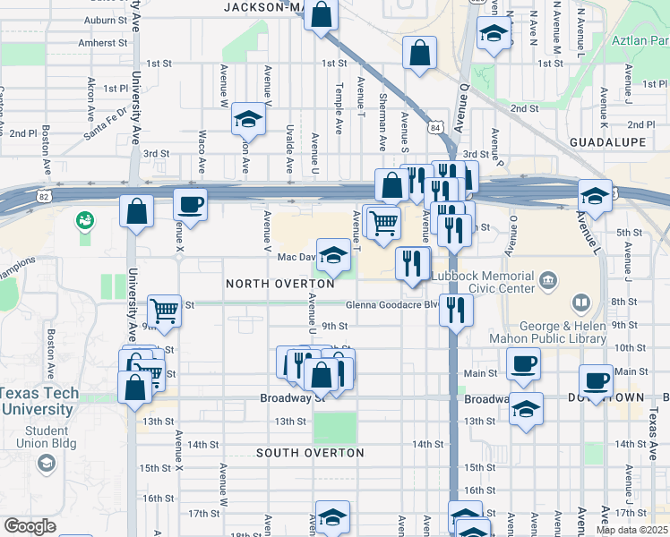 map of restaurants, bars, coffee shops, grocery stores, and more near 2001 Mac Davis Lane in Lubbock