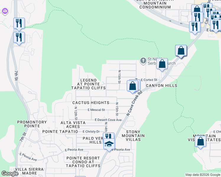 map of restaurants, bars, coffee shops, grocery stores, and more near 1414 East Cholla Street in Phoenix