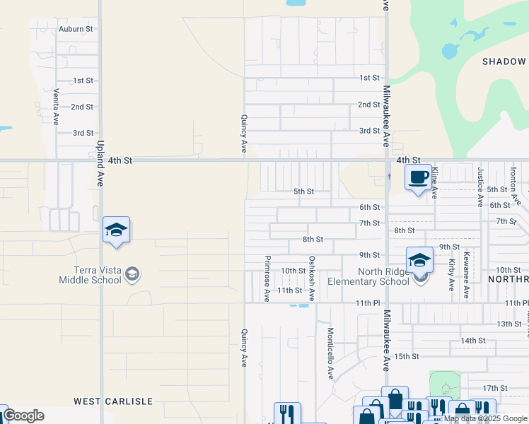 map of restaurants, bars, coffee shops, grocery stores, and more near 6802 7th Street in Lubbock