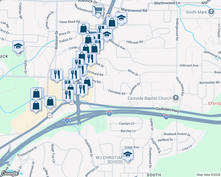 map of restaurants, bars, coffee shops, grocery stores, and more near 9236 Summit Drive in Birmingham