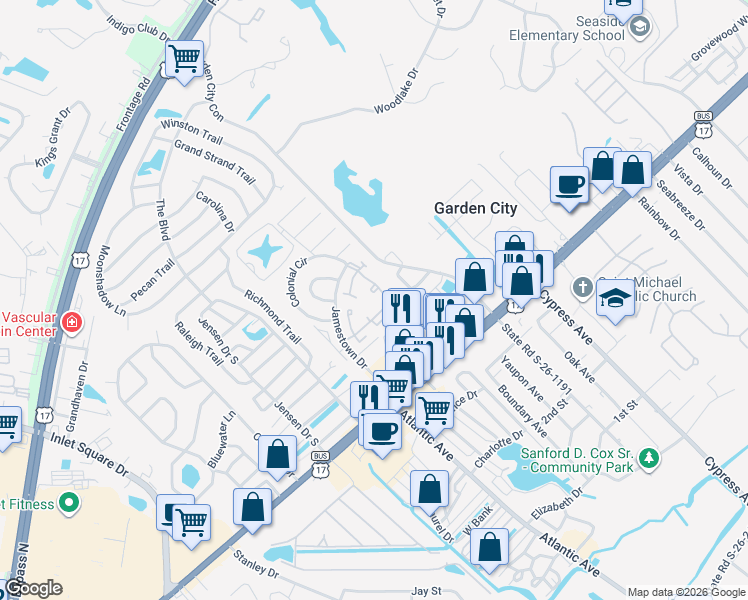 map of restaurants, bars, coffee shops, grocery stores, and more near 850 Colony Drive in Murrells Inlet