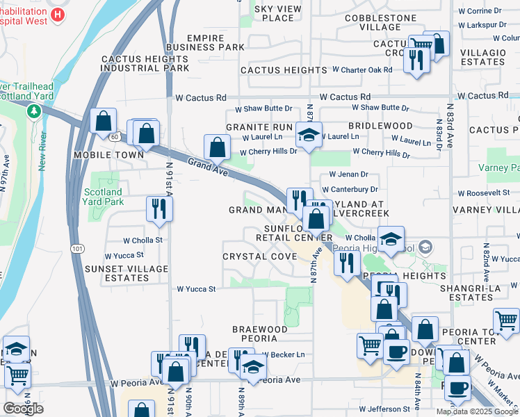 map of restaurants, bars, coffee shops, grocery stores, and more near 8882 West Hollywood Avenue in Peoria