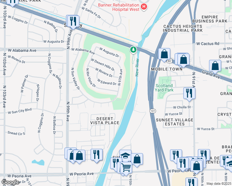 map of restaurants, bars, coffee shops, grocery stores, and more near 11602 North Sun Valley Drive in Sun City