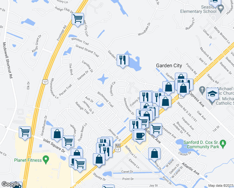 map of restaurants, bars, coffee shops, grocery stores, and more near 417 Old South Circle in Murrells Inlet