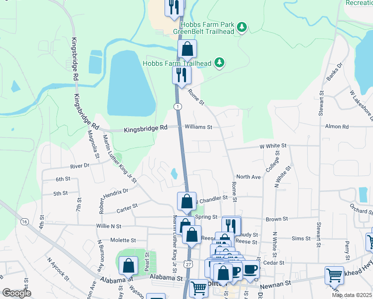 map of restaurants, bars, coffee shops, grocery stores, and more near 801 North Park Street in Carrollton