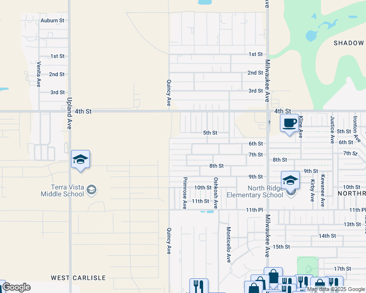 map of restaurants, bars, coffee shops, grocery stores, and more near 6802 7th Street in Lubbock
