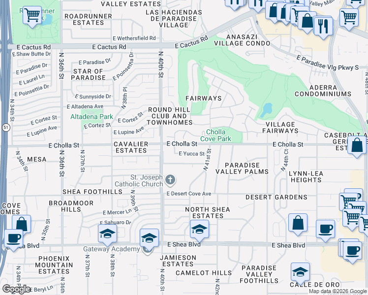 map of restaurants, bars, coffee shops, grocery stores, and more near 4030 East Yucca Street in Phoenix