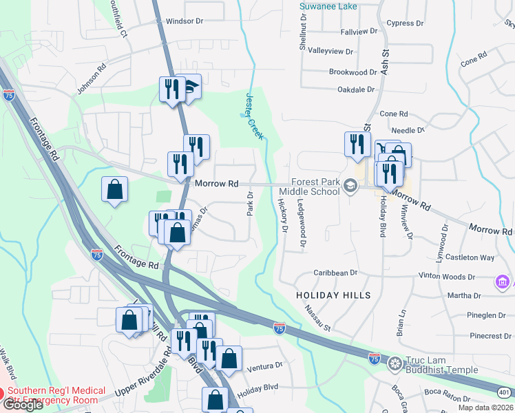 map of restaurants, bars, coffee shops, grocery stores, and more near 6045 Hickory Drive in Forest Park