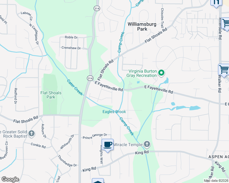 map of restaurants, bars, coffee shops, grocery stores, and more near 6084 Camden Forrest Cove in Riverdale