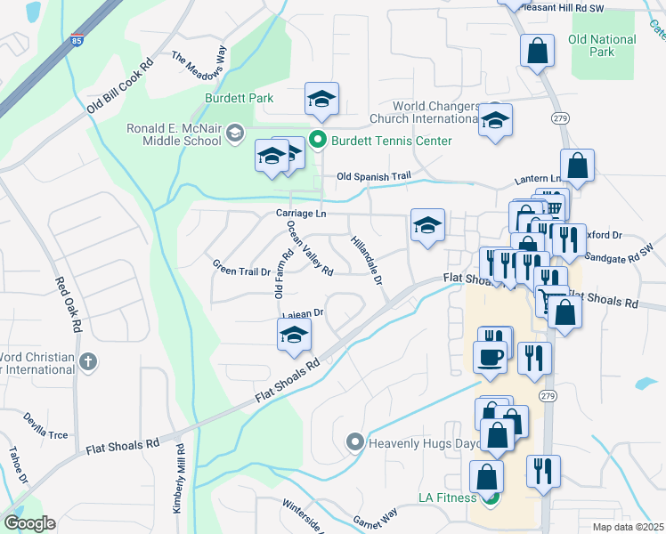 map of restaurants, bars, coffee shops, grocery stores, and more near 2765 Ocean Valley Road in Atlanta