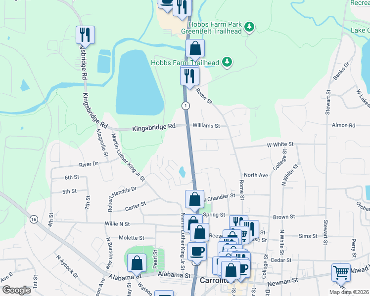 map of restaurants, bars, coffee shops, grocery stores, and more near 720 North Park Street in Carrollton