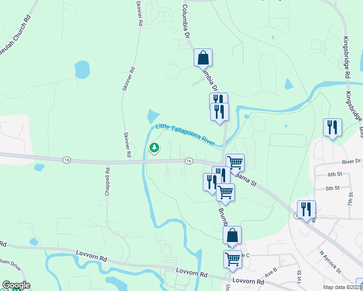 map of restaurants, bars, coffee shops, grocery stores, and more near 1137 Alabama Street in Carrollton