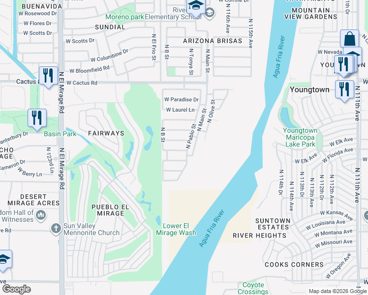 map of restaurants, bars, coffee shops, grocery stores, and more near 11806 West Sierra Street in El Mirage