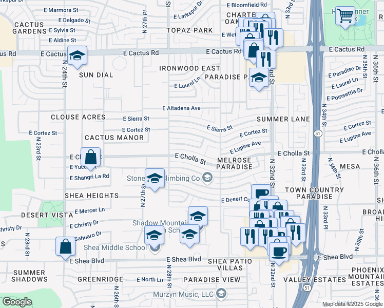 map of restaurants, bars, coffee shops, grocery stores, and more near 2842 East Cholla Street in Phoenix