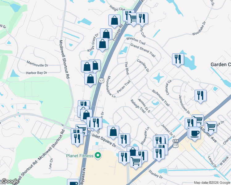map of restaurants, bars, coffee shops, grocery stores, and more near 3156 Moonshadow Lane in Murrells Inlet