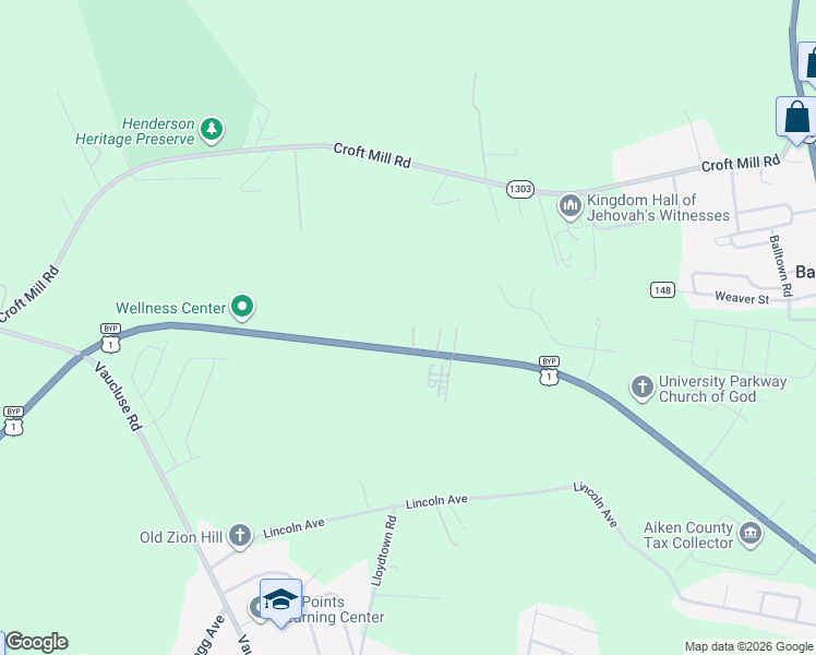 map of restaurants, bars, coffee shops, grocery stores, and more near 1489 University Parkway in Aiken