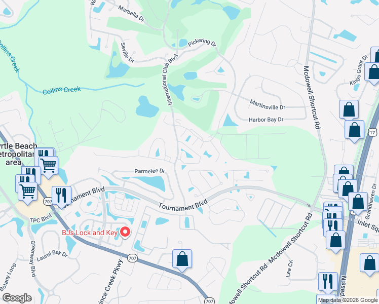 map of restaurants, bars, coffee shops, grocery stores, and more near 131 Veranda Way in Murrells Inlet
