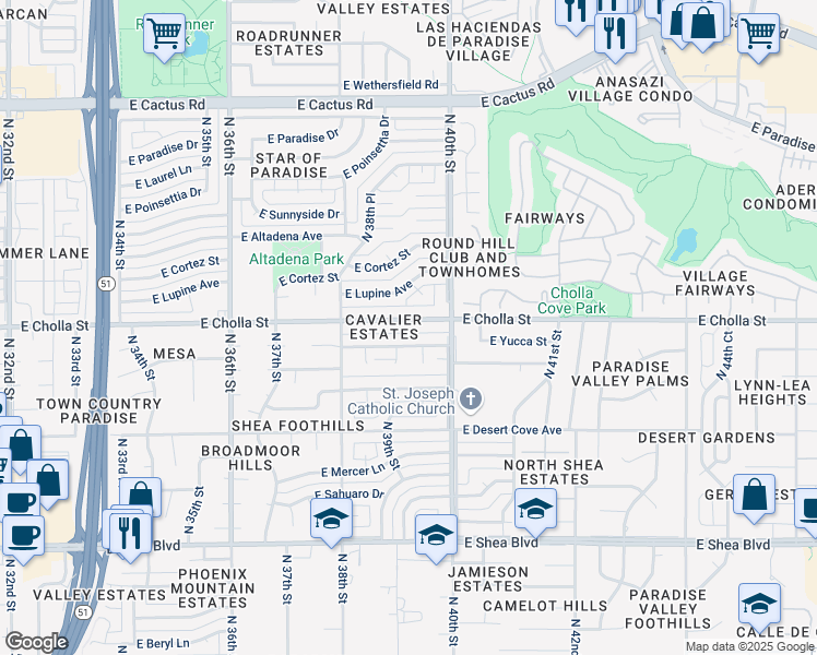 map of restaurants, bars, coffee shops, grocery stores, and more near 3915 East Cholla Street in Phoenix