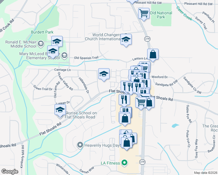map of restaurants, bars, coffee shops, grocery stores, and more near 2535 Flat Shoals Road in Atlanta