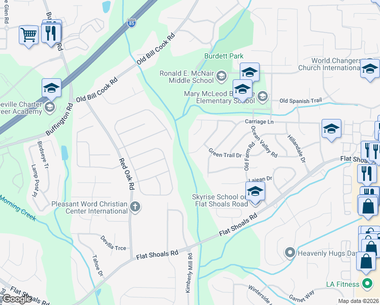 map of restaurants, bars, coffee shops, grocery stores, and more near 6230 Cedar Wood Drive in Atlanta