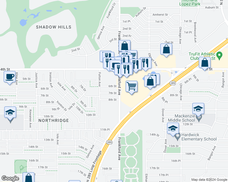 map of restaurants, bars, coffee shops, grocery stores, and more near 5812 7th Street in Lubbock