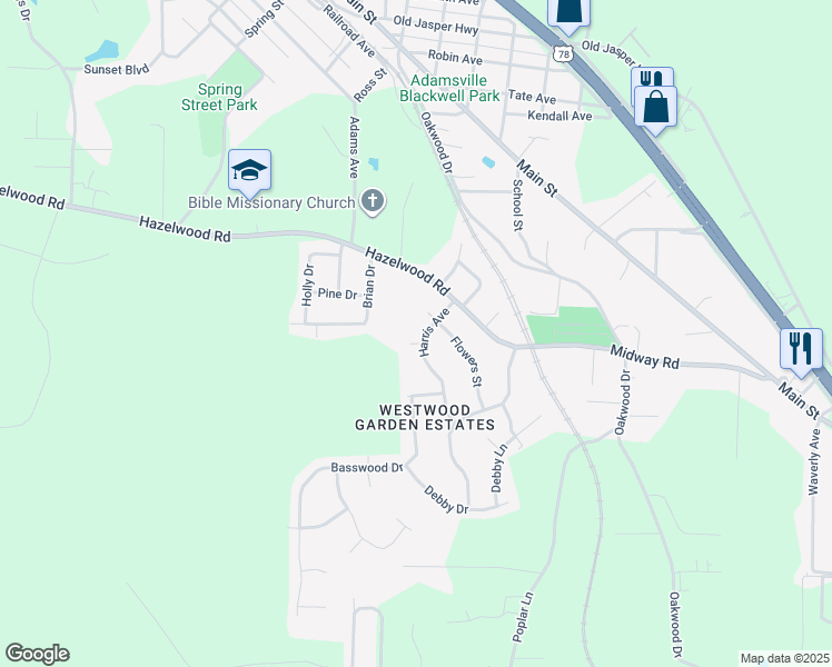 map of restaurants, bars, coffee shops, grocery stores, and more near 4128 Harris Avenue in Adamsville