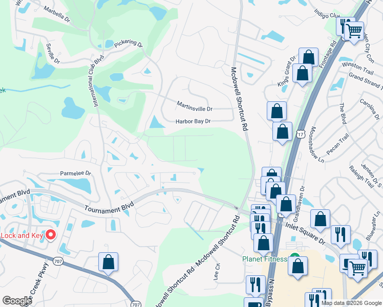 map of restaurants, bars, coffee shops, grocery stores, and more near 9835 Simonton Court in Murrells Inlet
