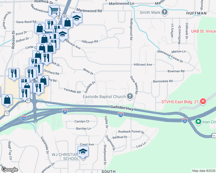 map of restaurants, bars, coffee shops, grocery stores, and more near 809 Libby Lane in Birmingham