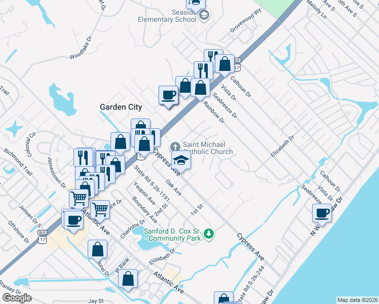 map of restaurants, bars, coffee shops, grocery stores, and more near Marlin Court in Murrells Inlet