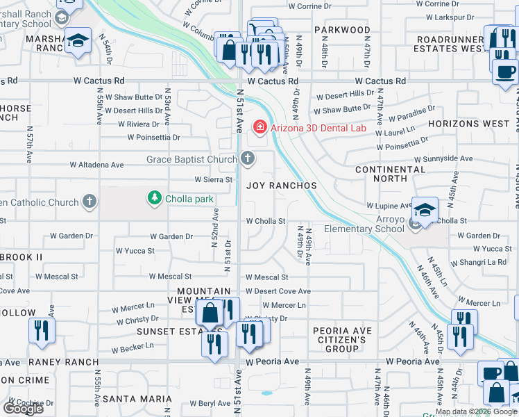 map of restaurants, bars, coffee shops, grocery stores, and more near 11402 North 50th Avenue in Glendale