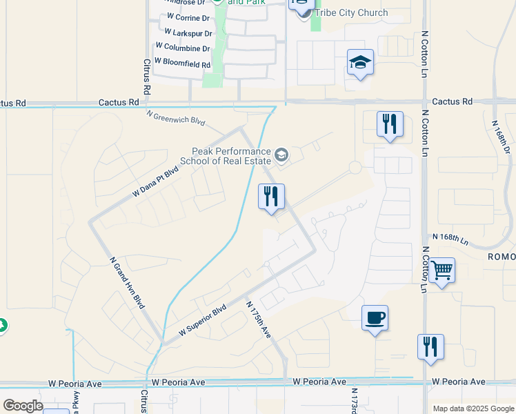 map of restaurants, bars, coffee shops, grocery stores, and more near 17737 West Cactus Road in Surprise