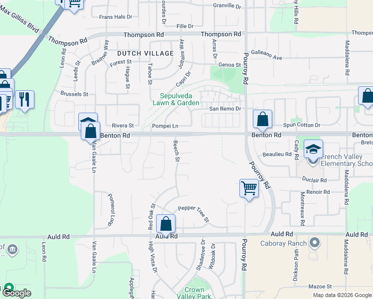 map of restaurants, bars, coffee shops, grocery stores, and more near 31667 Palo Verde Court in Winchester