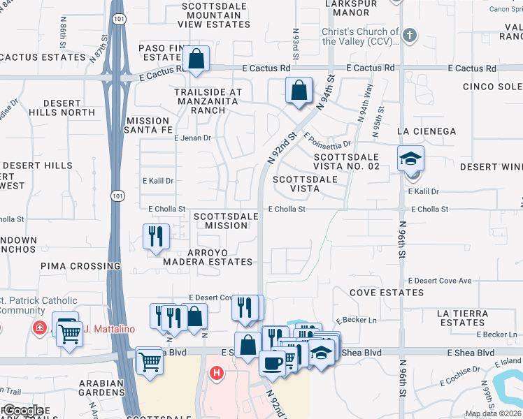 map of restaurants, bars, coffee shops, grocery stores, and more near E Cholla St & N 92nd St in Scottsdale
