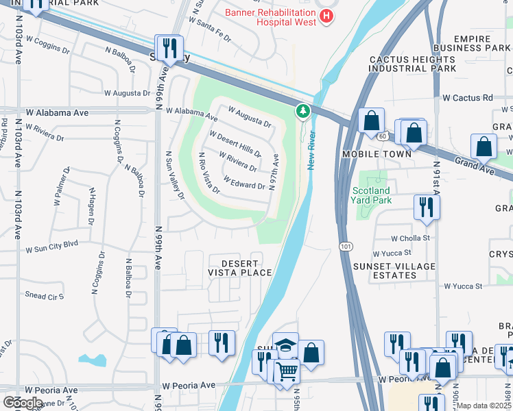 map of restaurants, bars, coffee shops, grocery stores, and more near 11602 North Sun Valley Drive in Sun City