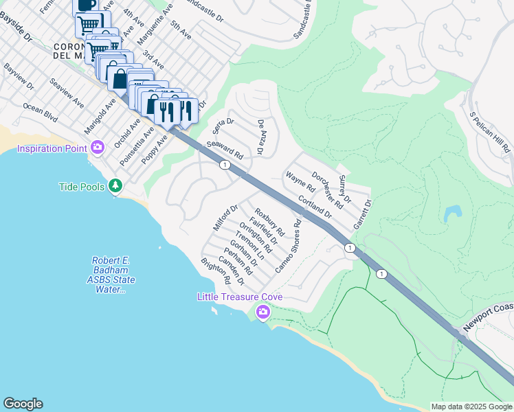 map of restaurants, bars, coffee shops, grocery stores, and more near 4512 Roxbury Road in Newport Beach